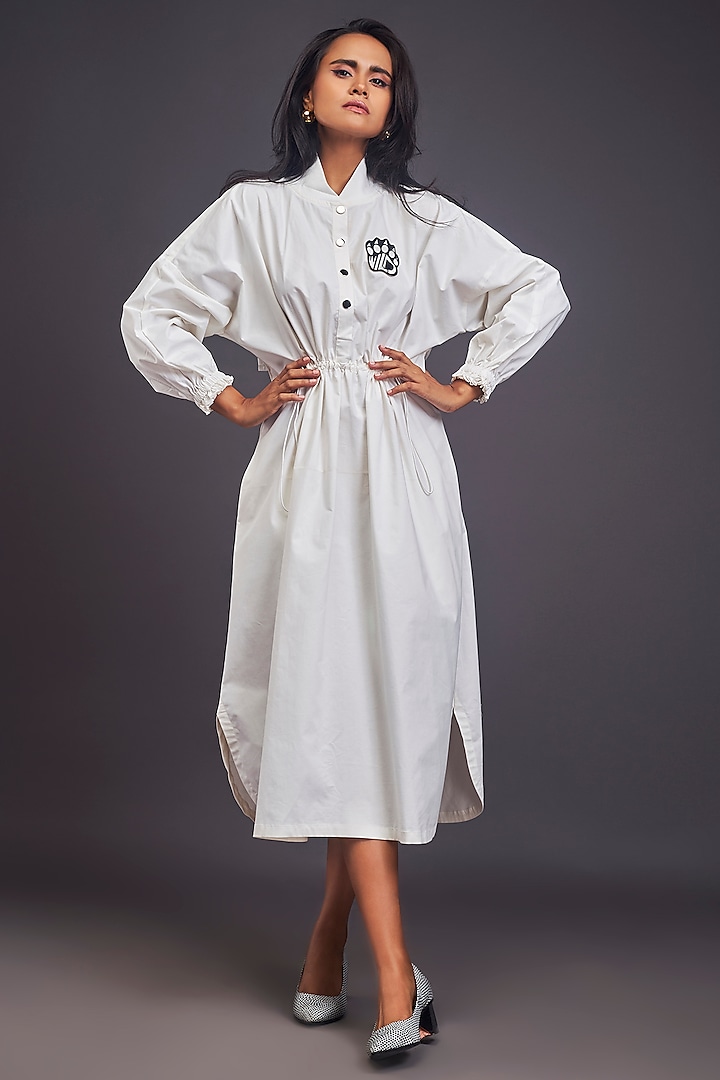 White Cotton Ruched Oversized Midi Dress by Deepika Arora at Pernia's Pop Up Shop