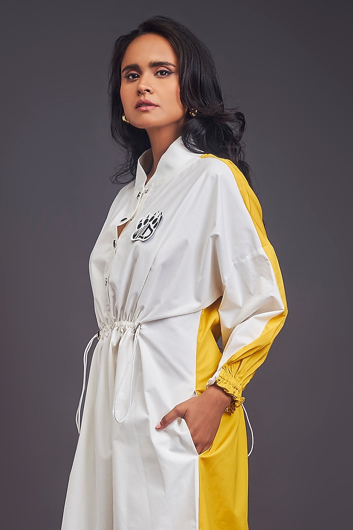 White & Yellow Cotton Ruched Oversized Midi Summer Dress by Deepika Arora at Pernia's Pop Up Shop