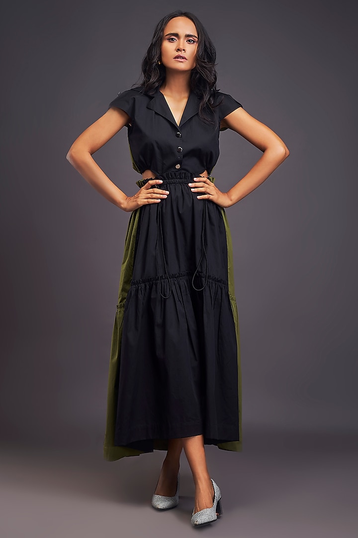 Black & Green Cotton Cut-Out Maxi Dress by Deepika Arora at Pernia's Pop Up Shop