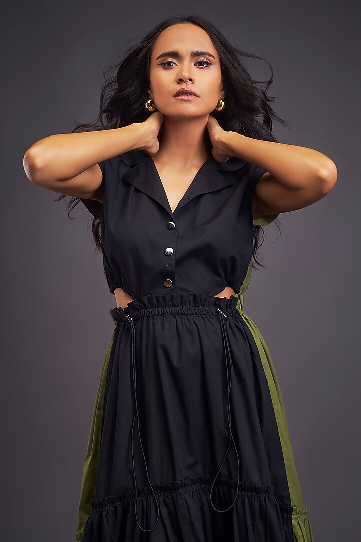 Black & Green Cotton Cut-Out Maxi Summer Dress by Deepika Arora at Pernia's Pop Up Shop