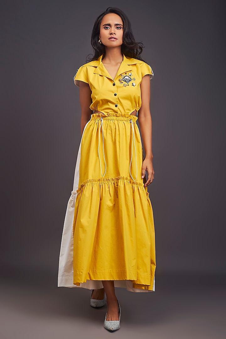 Yellow & White Cotton Cut-Out Maxi Dress by Deepika Arora at Pernia's Pop Up Shop