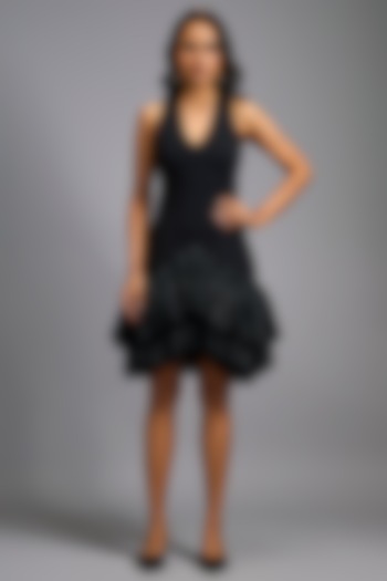 Black Roma Embroidered Tiered Vacation Dress by Deepika Arora at Pernia's Pop Up Shop