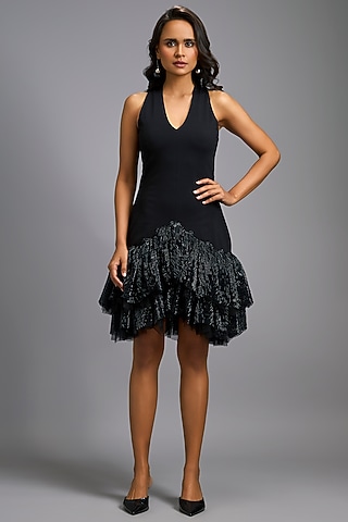 Black Roma Embroidered Tiered Dress by Deepika Arora