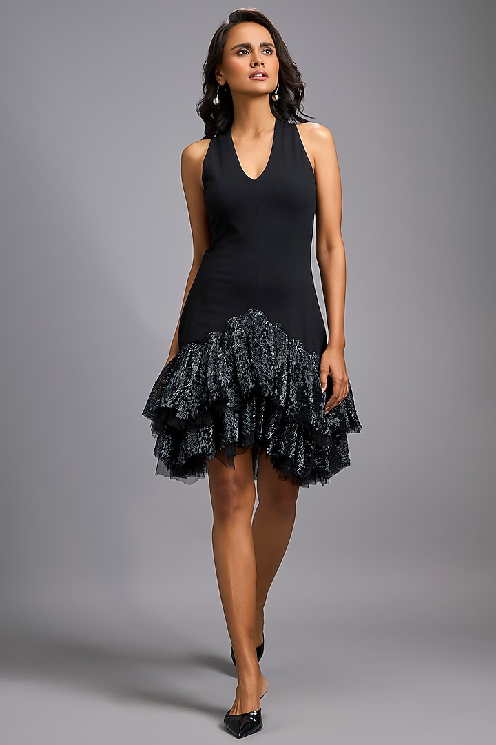 Black Roma Embroidered Tiered Vacation Dress by Deepika Arora at Pernia's Pop Up Shop