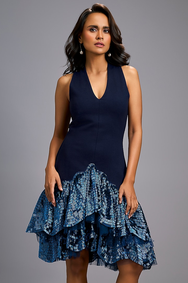 Navy Blue Roma Embroidered Tiered Vacation Dress by Deepika Arora at Pernia's Pop Up Shop