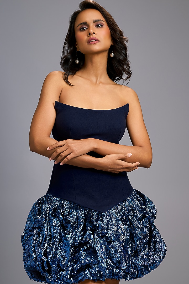 Navy Blue Roma Embroidered Structured Vacation Dress by Deepika Arora at Pernia's Pop Up Shop