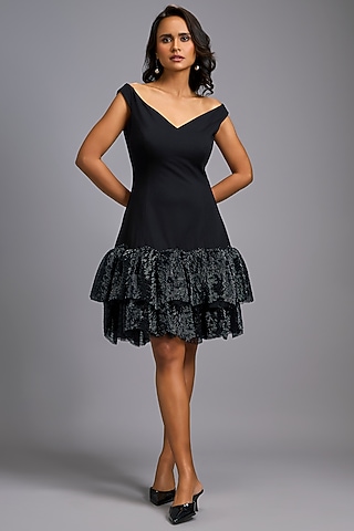 Black Roma Ruffled Off-Shoulder Dress by Deepika Arora