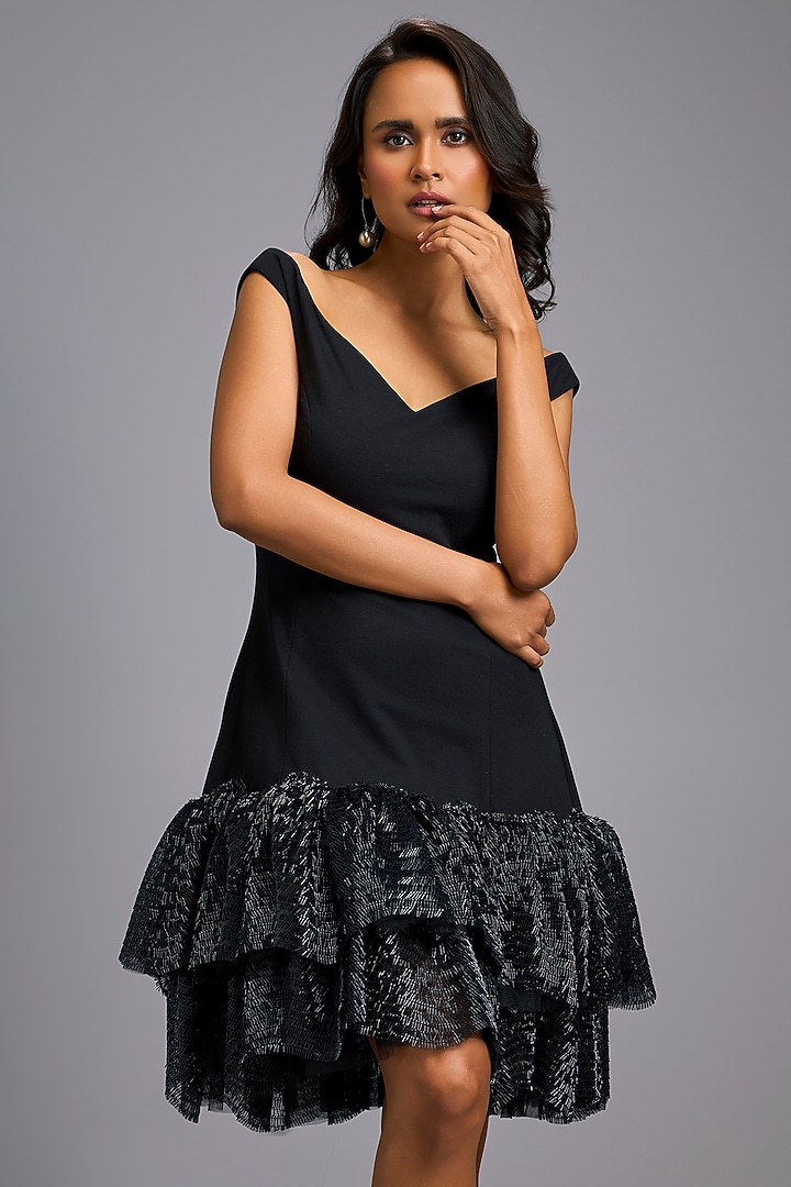 Black Roma Ruffled Off-Shoulder Vacation Dress by Deepika Arora at Pernia's Pop Up Shop