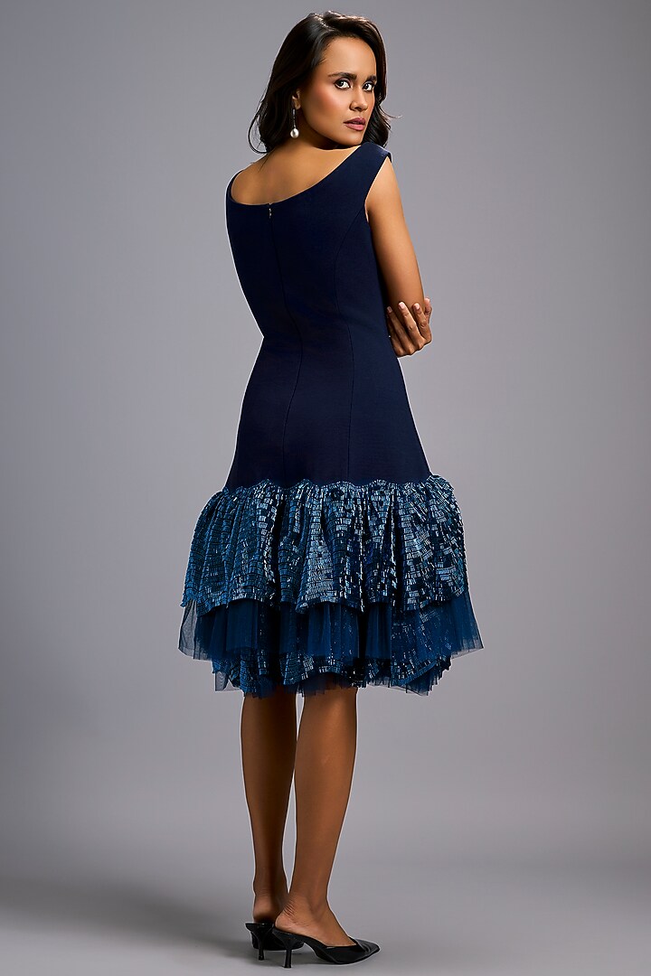 Navy Blue Roma Ruffled Off-Shoulder Vacation Dress by Deepika Arora at Pernia's Pop Up Shop