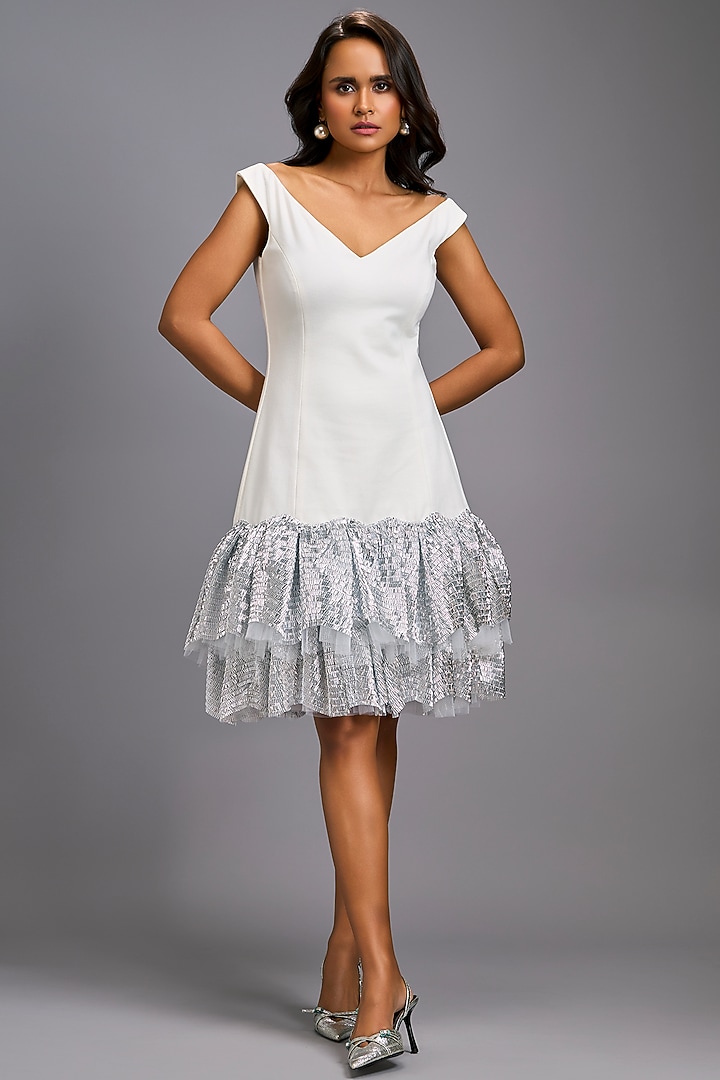 White Roma Ruffled Off-Shoulder Vacation Dress by Deepika Arora at Pernia's Pop Up Shop