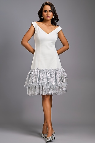 White Roma Ruffled Off-Shoulder Dress by Deepika Arora