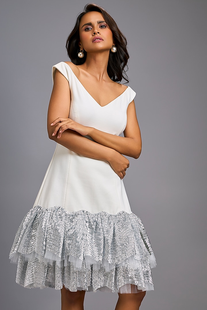 White Roma Ruffled Off-Shoulder Vacation Dress by Deepika Arora at Pernia's Pop Up Shop