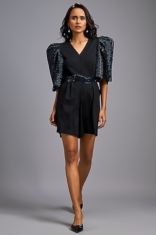 Black Roma V-Neck Playsuit With Belt by Deepika Arora