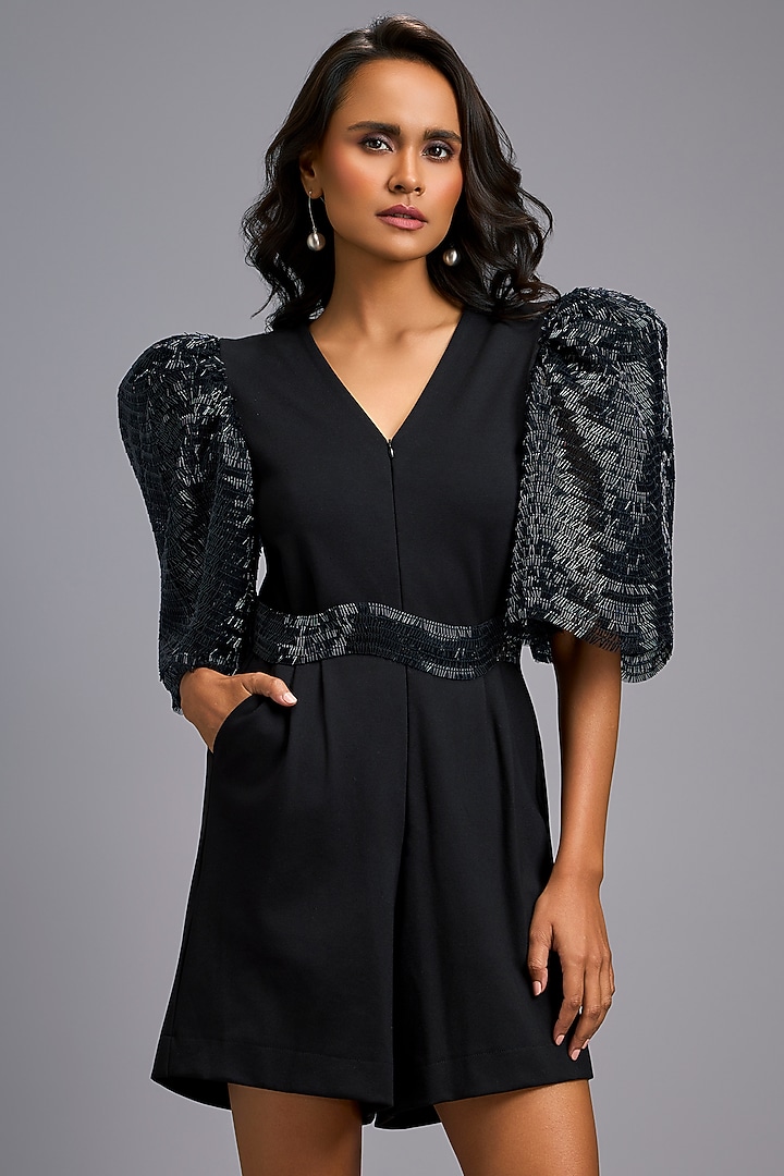 Black Roma V-Neck Playsuit With Belt by Deepika Arora at Pernia's Pop Up Shop