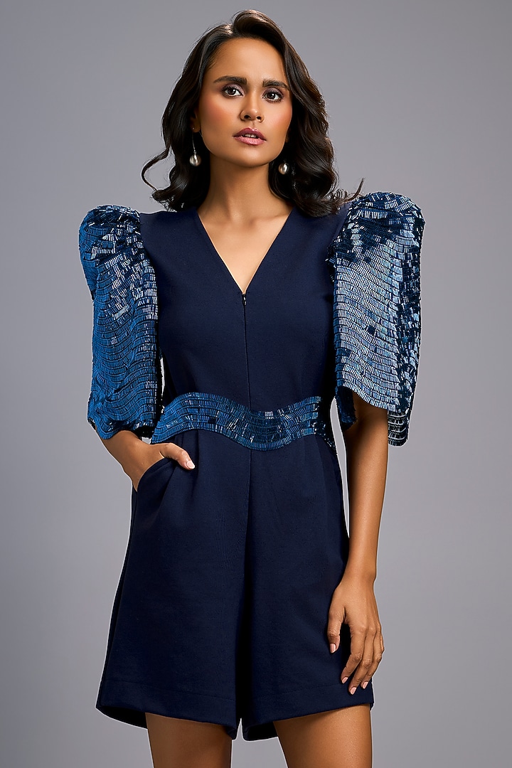Navy Blue Roma V-Neck Playsuit With Belt by Deepika Arora at Pernia's Pop Up Shop