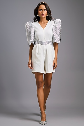 White Roma V-Neck Playsuit With Belt by Deepika Arora