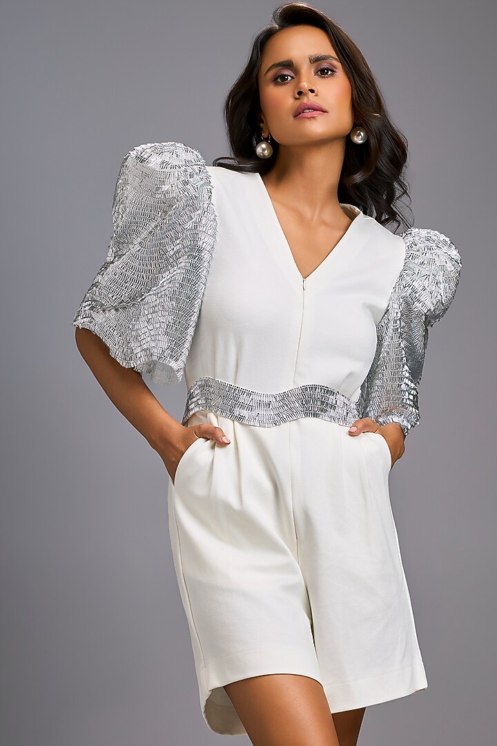 White Roma V-Neck Playsuit With Belt by Deepika Arora at Pernia's Pop Up Shop
