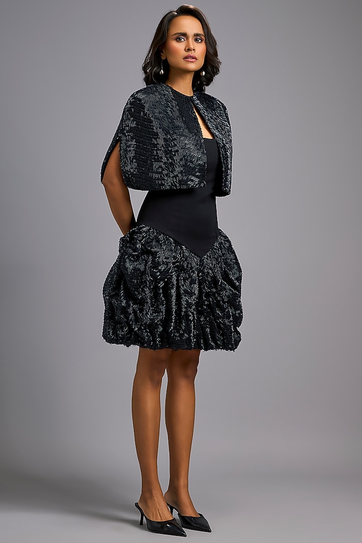 Black Roma Embroidered Vacation Dress With Cape by Deepika Arora at Pernia's Pop Up Shop
