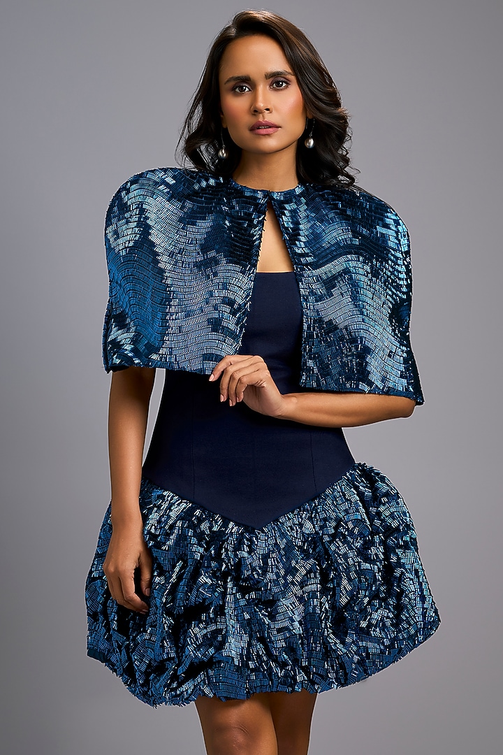 Navy Blue Roma Embroidered Vacation Dress With Cape by Deepika Arora at Pernia's Pop Up Shop