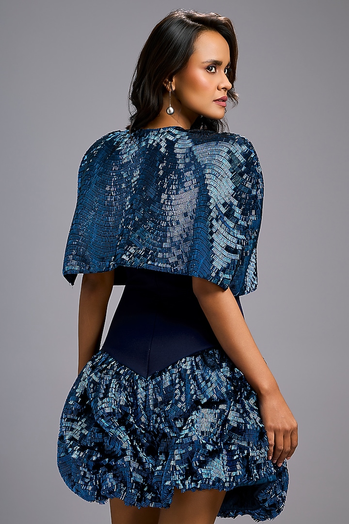 Navy Blue Roma Embroidered Vacation Dress With Cape by Deepika Arora at Pernia's Pop Up Shop