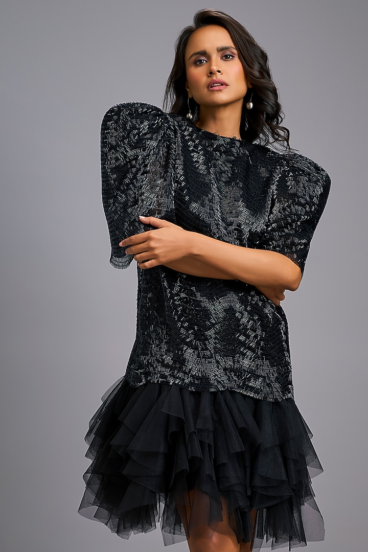 Black Roma & Tulle Ruffled Vacation Dress by Deepika Arora at Pernia's Pop Up Shop