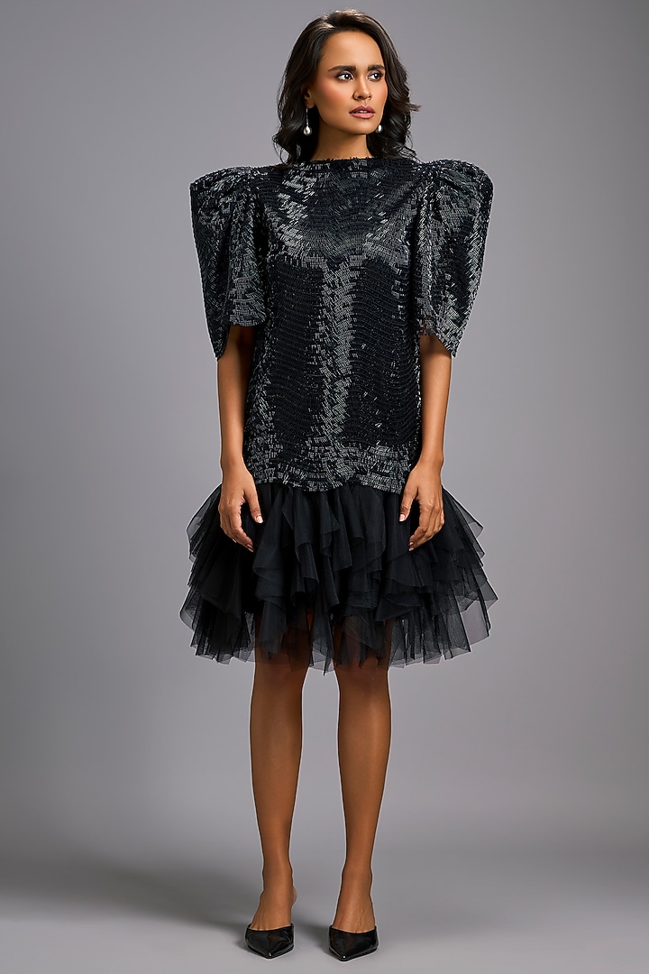 Black Roma & Tulle Ruffled Vacation Dress by Deepika Arora at Pernia's Pop Up Shop