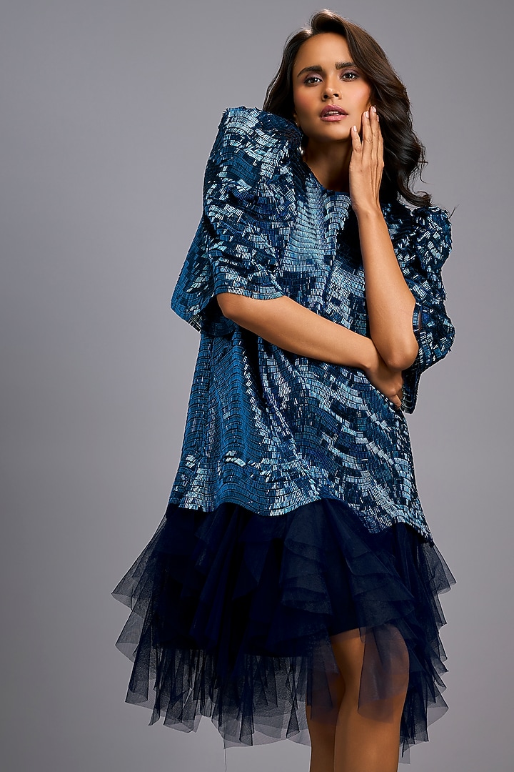 Navy Blue Roma & Tulle Ruffled Vacation Dress by Deepika Arora at Pernia's Pop Up Shop