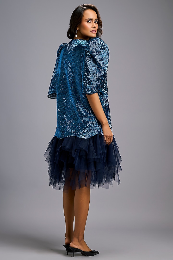 Navy Blue Roma & Tulle Ruffled Vacation Dress by Deepika Arora at Pernia's Pop Up Shop