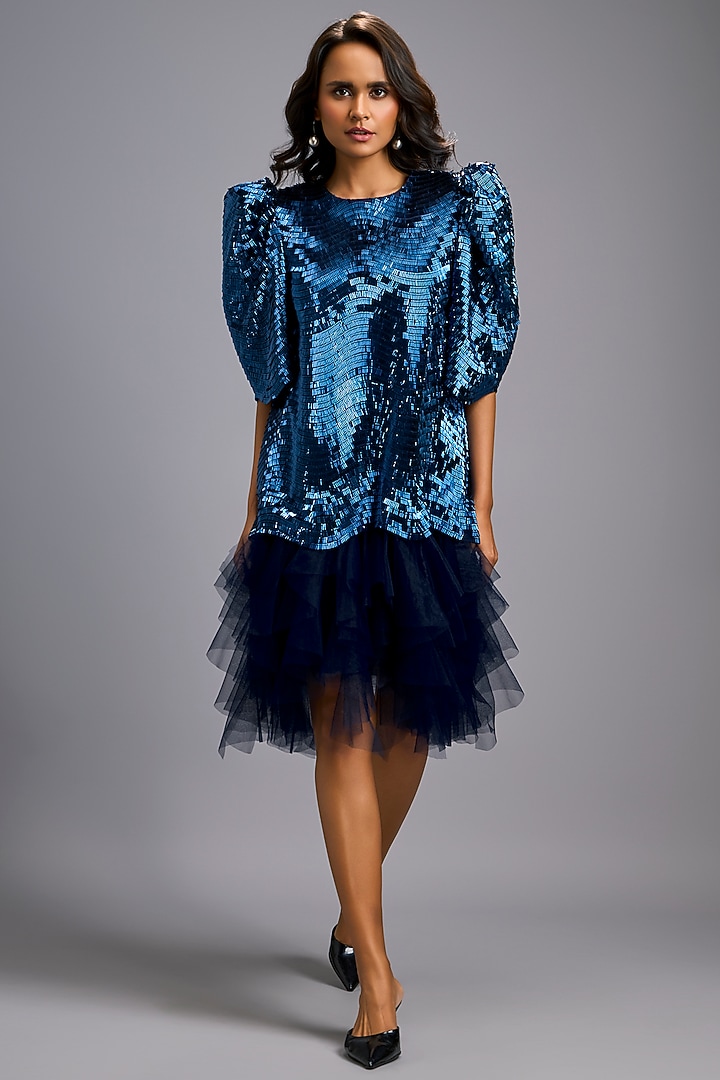 Navy Blue Roma & Tulle Ruffled Vacation Dress by Deepika Arora at Pernia's Pop Up Shop