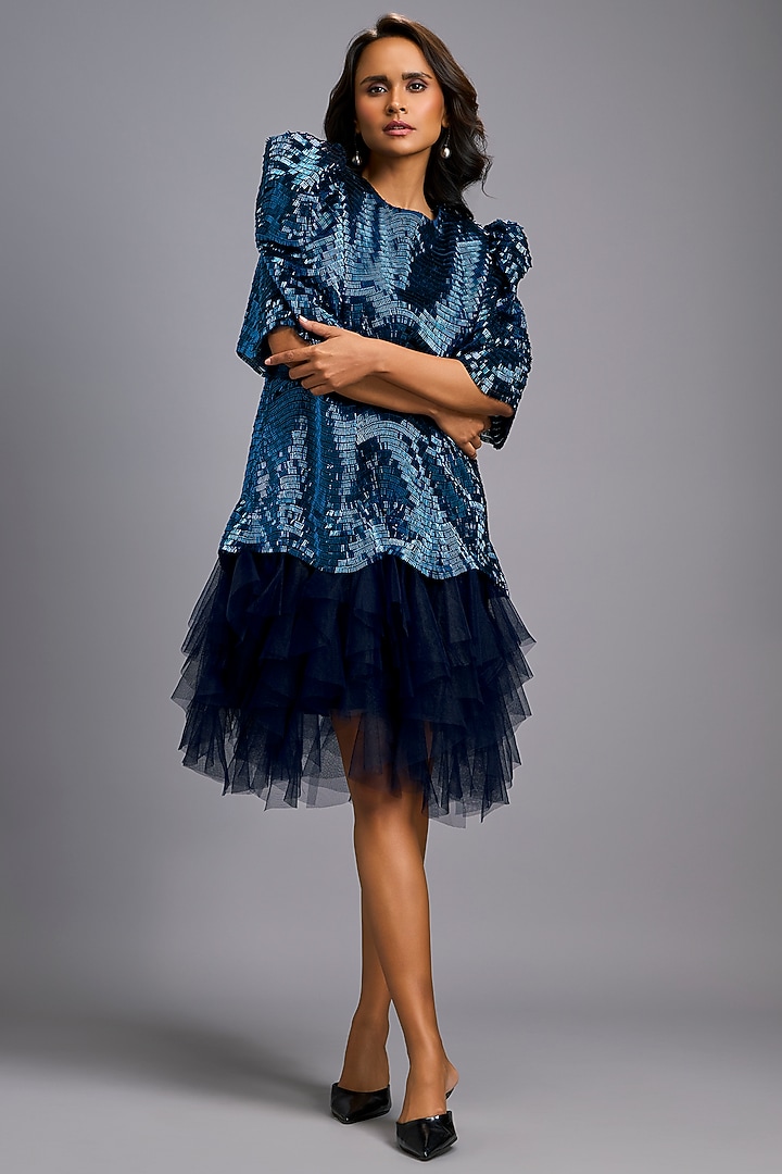 Navy Blue Roma & Tulle Ruffled Vacation Dress by Deepika Arora at Pernia's Pop Up Shop