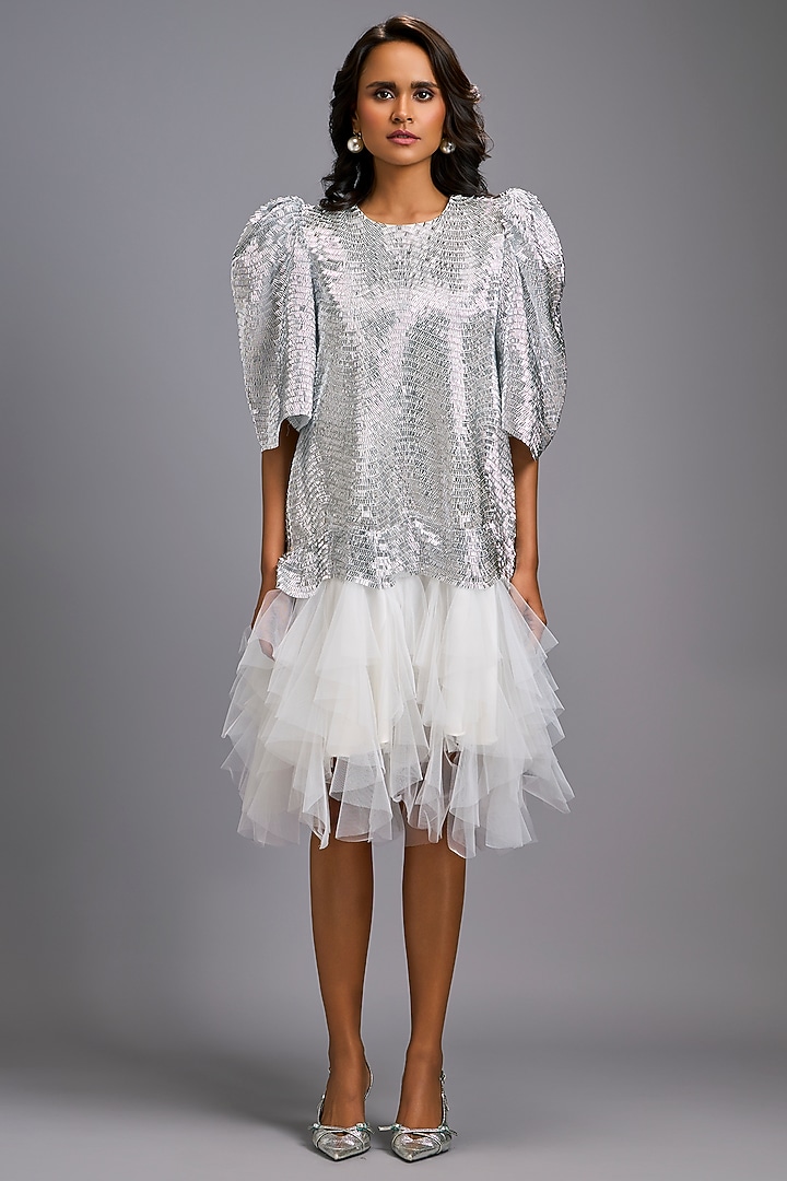 White Roma & Tulle Ruffled Vacation Dress by Deepika Arora at Pernia's Pop Up Shop