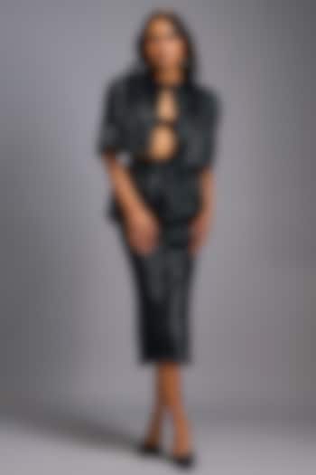 Black Roma Embroidered Midi Skirt by Deepika Arora at Pernia's Pop Up Shop