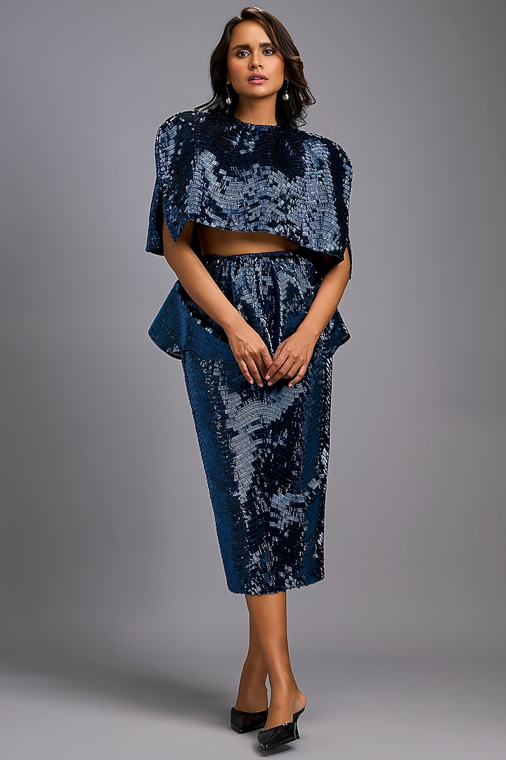 Navy Blue Roma Embroidered Midi Skirt by Deepika Arora at Pernia's Pop Up Shop