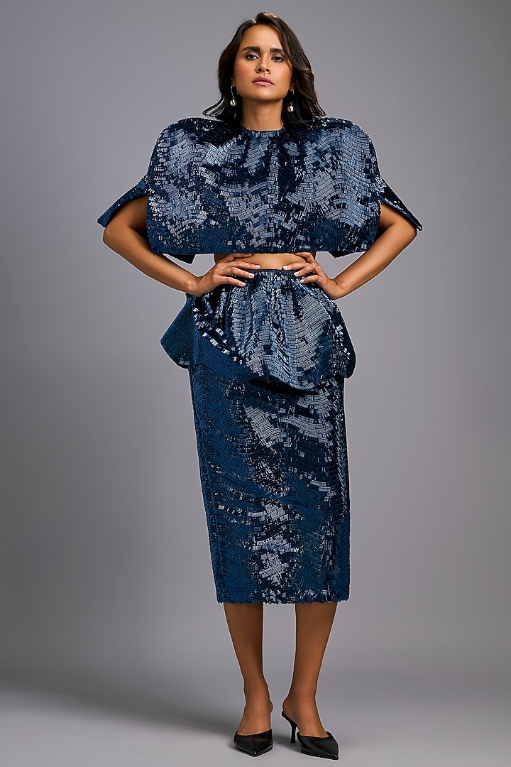 Navy Blue Roma Embroidered Midi Skirt by Deepika Arora at Pernia's Pop Up Shop