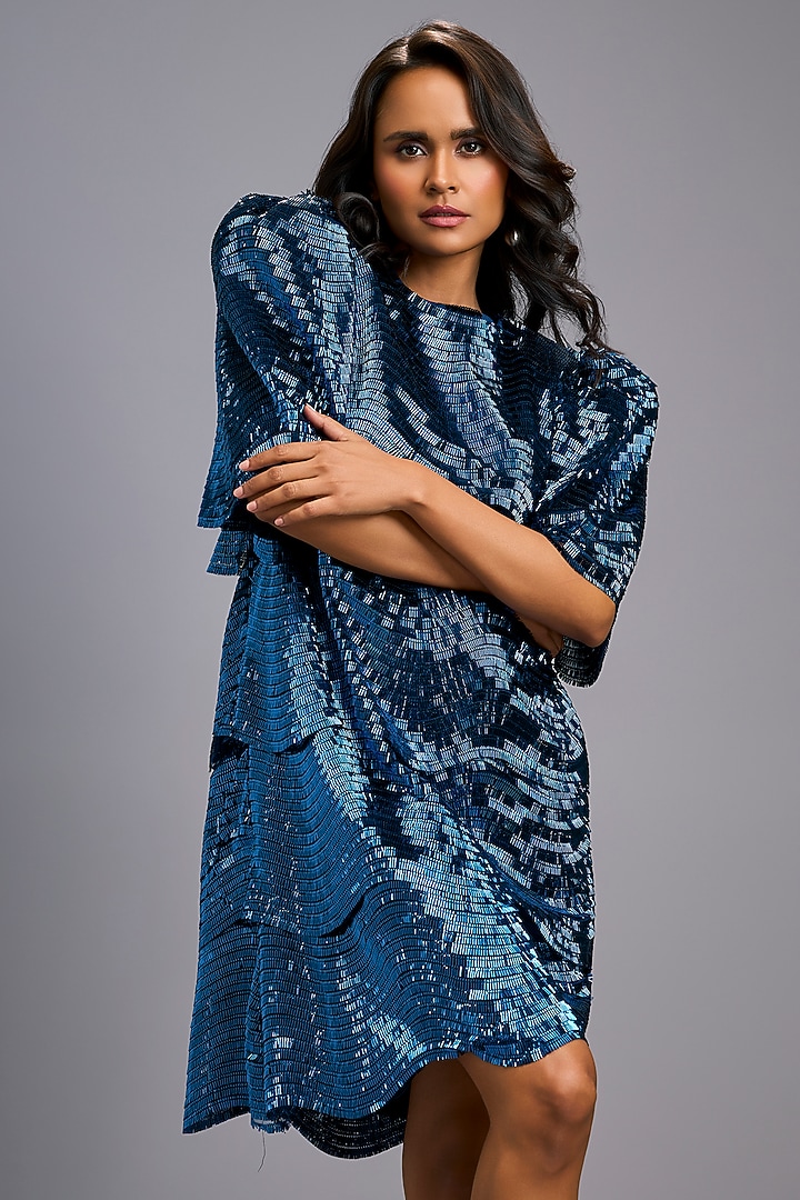 Navy Blue Roma Textured Vacation Dress by Deepika Arora at Pernia's Pop Up Shop