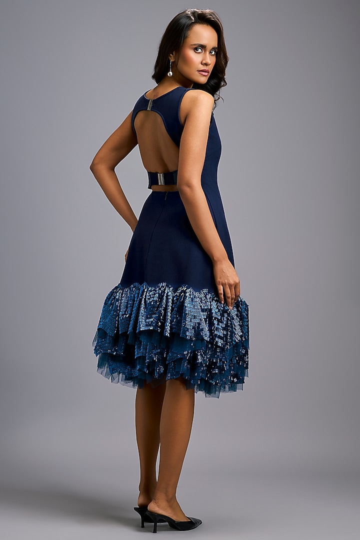 Navy Blue Roma Ruffled Midi Vacation Dress by Deepika Arora at Pernia's Pop Up Shop