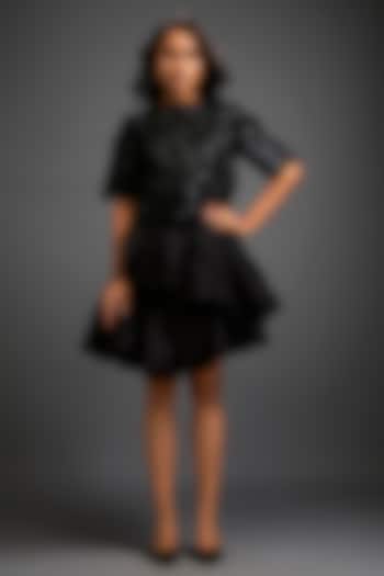Black Taffeta & Vegan Leather Ruffled Skirt Set by Deepika Arora at Pernia's Pop Up Shop
