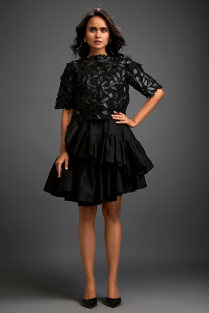 Black Taffeta & Vegan Leather Ruffled Skirt Set by Deepika Arora at Pernia's Pop Up Shop