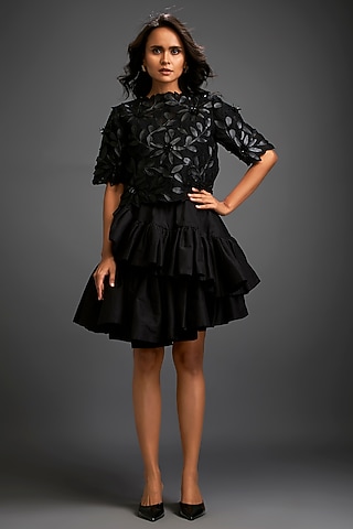 Black Taffeta & Vegan Leather Ruffled Skirt Set by Deepika Arora