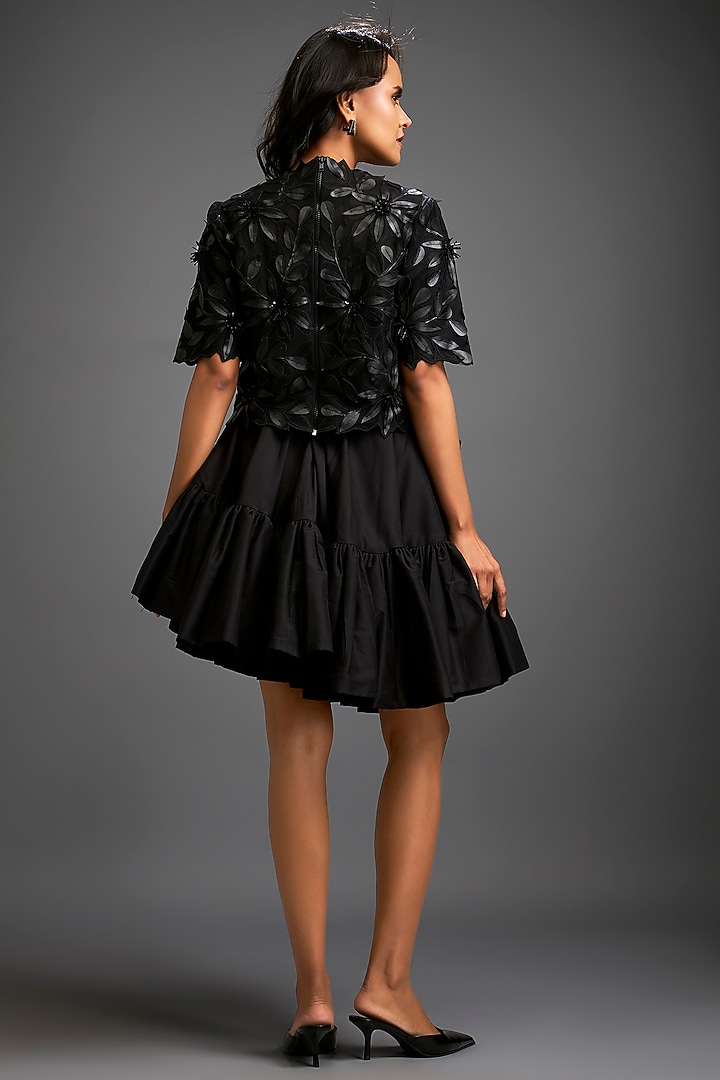 Black Taffeta & Vegan Leather Ruffled Skirt Set by Deepika Arora at Pernia's Pop Up Shop