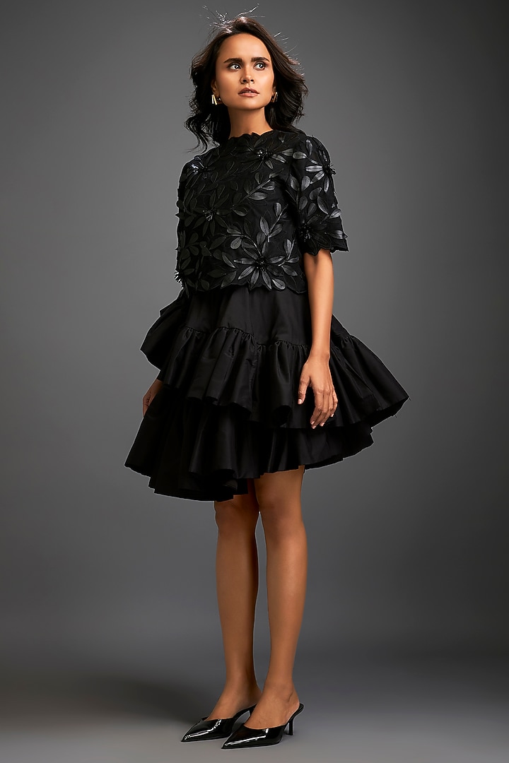 Black Taffeta & Vegan Leather Ruffled Skirt Set by Deepika Arora at Pernia's Pop Up Shop