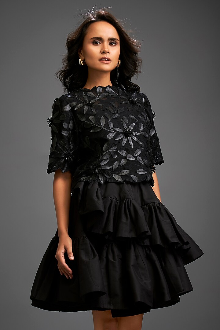 Black Taffeta & Vegan Leather Ruffled Skirt Set by Deepika Arora at Pernia's Pop Up Shop