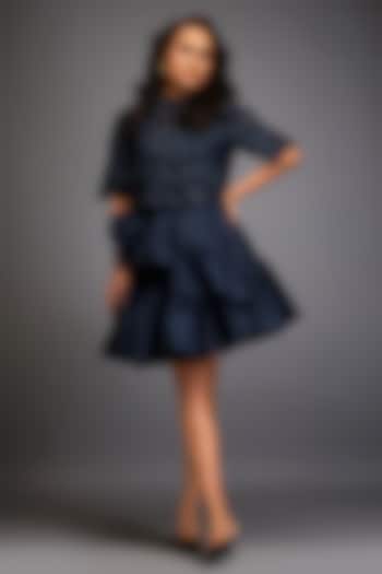 Navy Blue Taffeta & Vegan Leather Ruffled Skirt Set by Deepika Arora at Pernia's Pop Up Shop