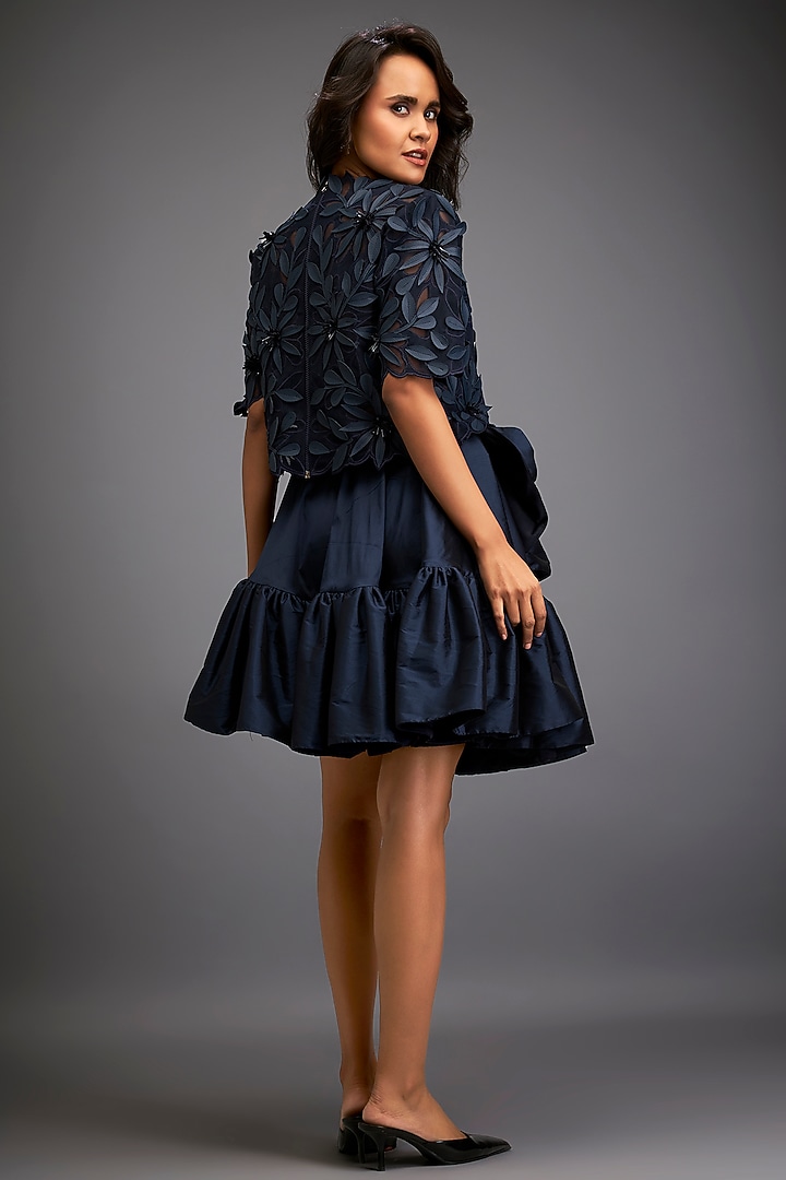 Navy Blue Taffeta & Vegan Leather Ruffled Skirt Set by Deepika Arora at Pernia's Pop Up Shop