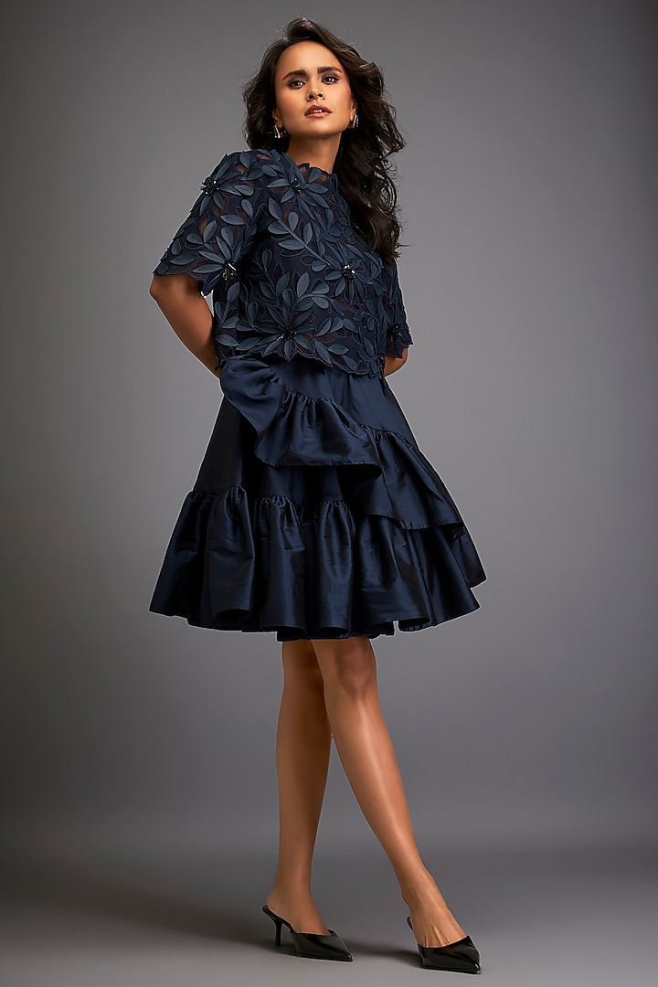 Navy Blue Taffeta & Vegan Leather Ruffled Skirt Set by Deepika Arora at Pernia's Pop Up Shop