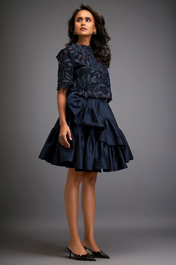 Navy Blue Taffeta & Vegan Leather Ruffled Skirt Set by Deepika Arora at Pernia's Pop Up Shop