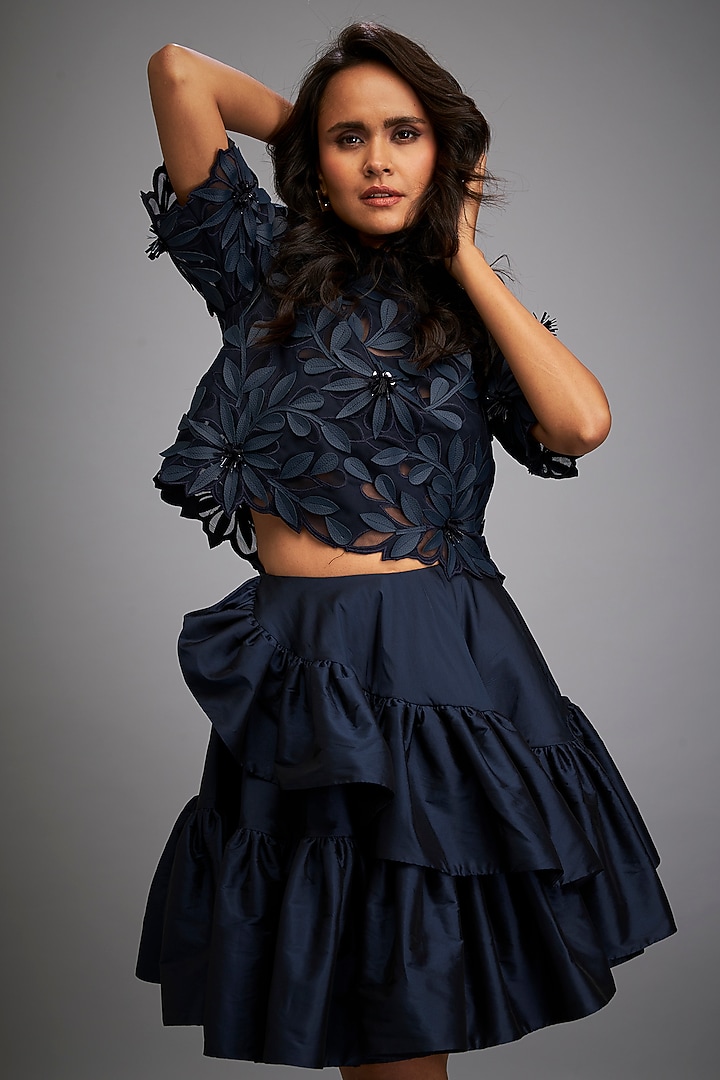 Navy Blue Taffeta & Vegan Leather Ruffled Skirt Set by Deepika Arora at Pernia's Pop Up Shop