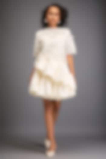 White Taffeta & Vegan Leather Ruffled Skirt Set by Deepika Arora at Pernia's Pop Up Shop