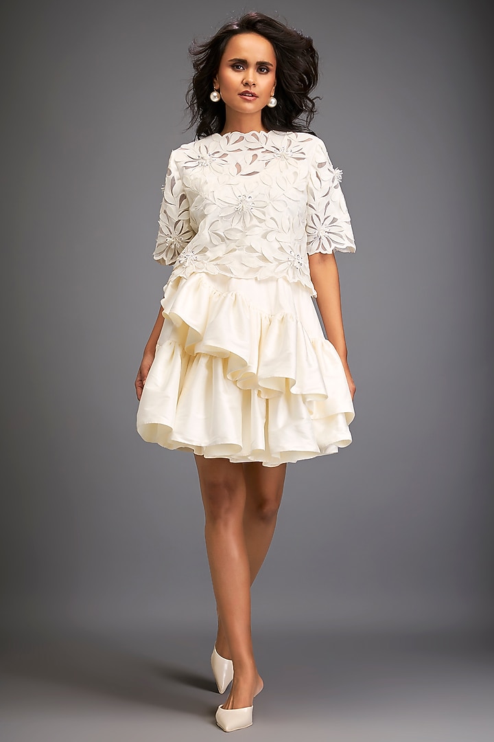 White Taffeta & Vegan Leather Ruffled Skirt Set by Deepika Arora at Pernia's Pop Up Shop