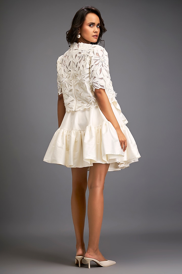 White Taffeta & Vegan Leather Ruffled Skirt Set by Deepika Arora at Pernia's Pop Up Shop